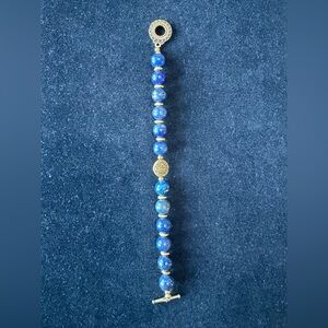 Elegant Blue Lapis & Brass Beaded Bracelet with Toggle Clasp